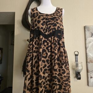 Express Leopard Print Midi Dress with Black Lace